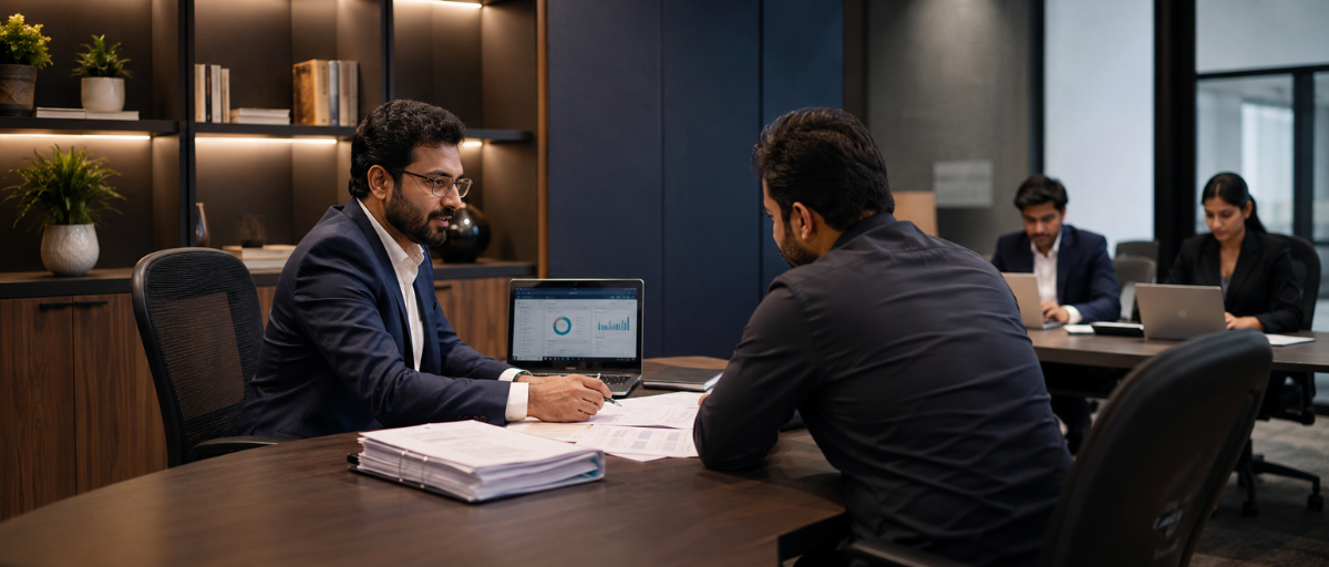 FinEdge advisors in a client review meeting at the Indore boardroom